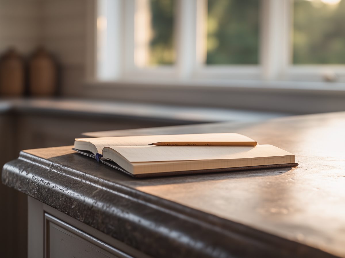 Close detail of documentation in progress on a tablet against wood surfaces