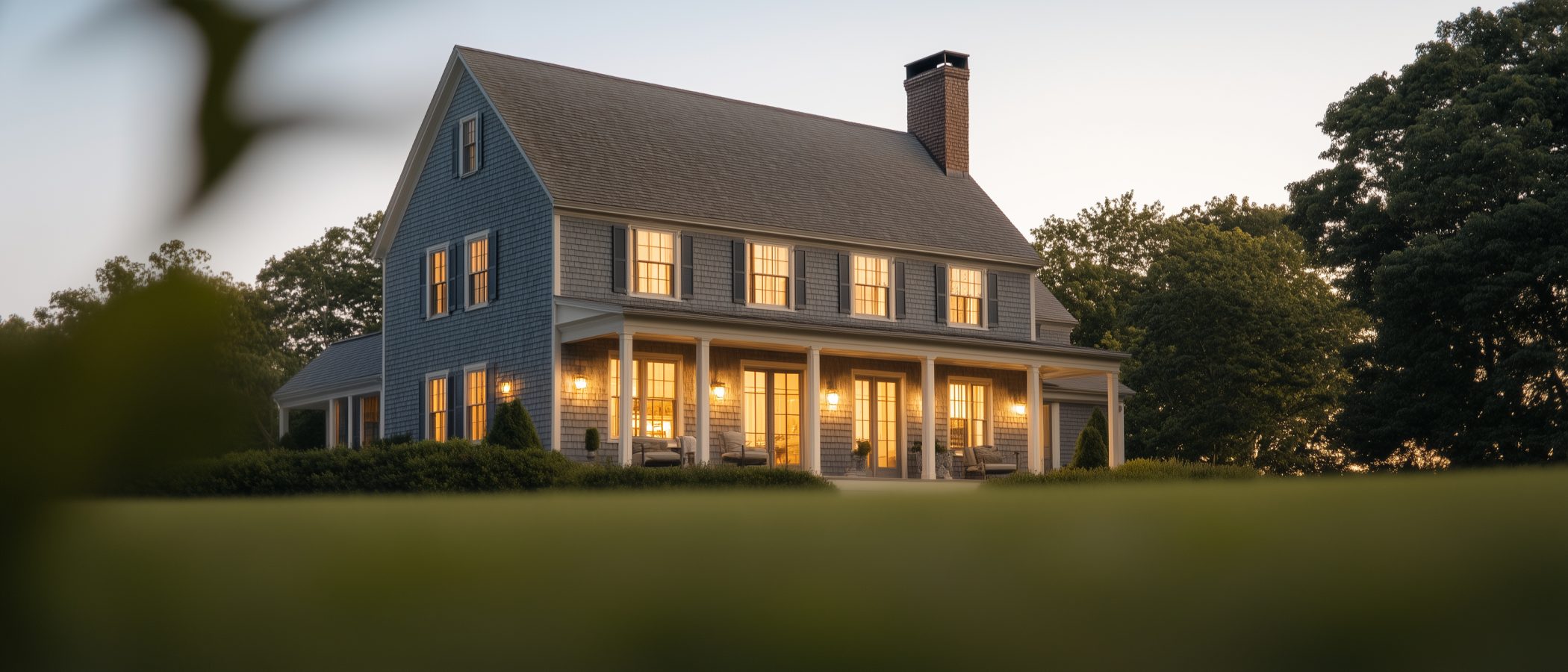 Wide twilight view of a home from a distance with warm interior lights glowing