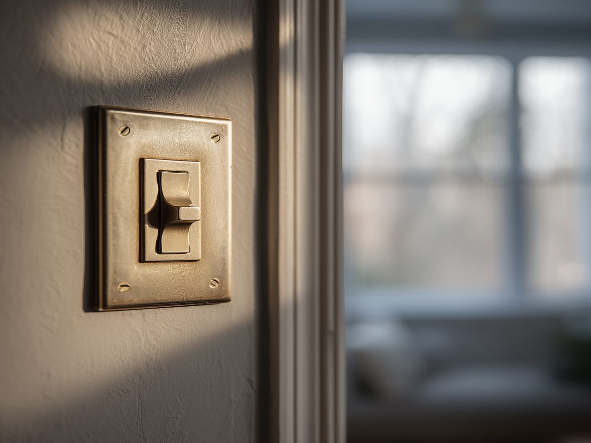 Close detail of a patinated brass switch plate on a plaster wall