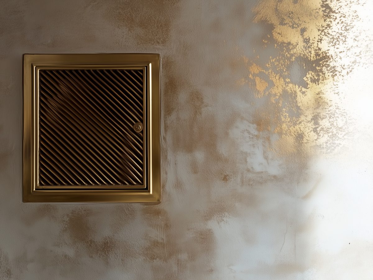 Close detail of a brass vent register against a plaster wall