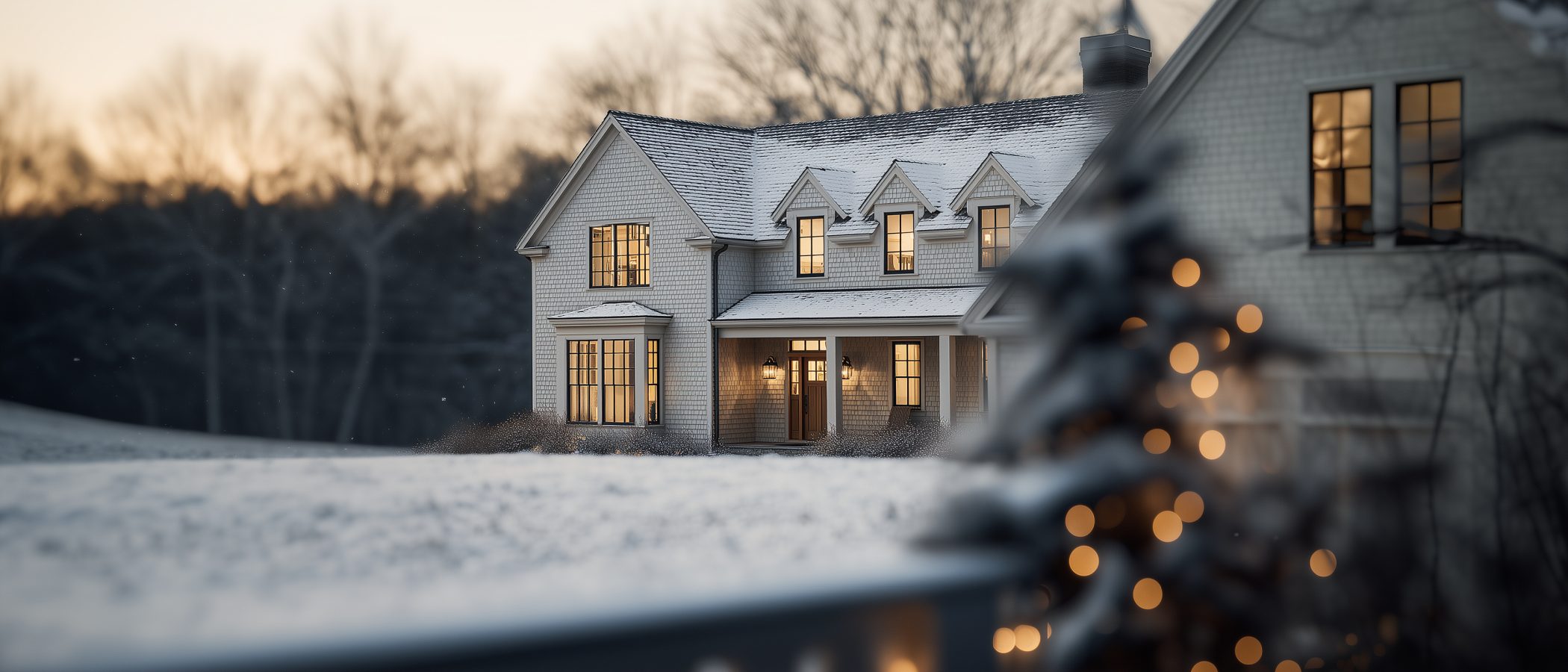 Wide exterior of a New England home at twilight with warm interior lights glowing