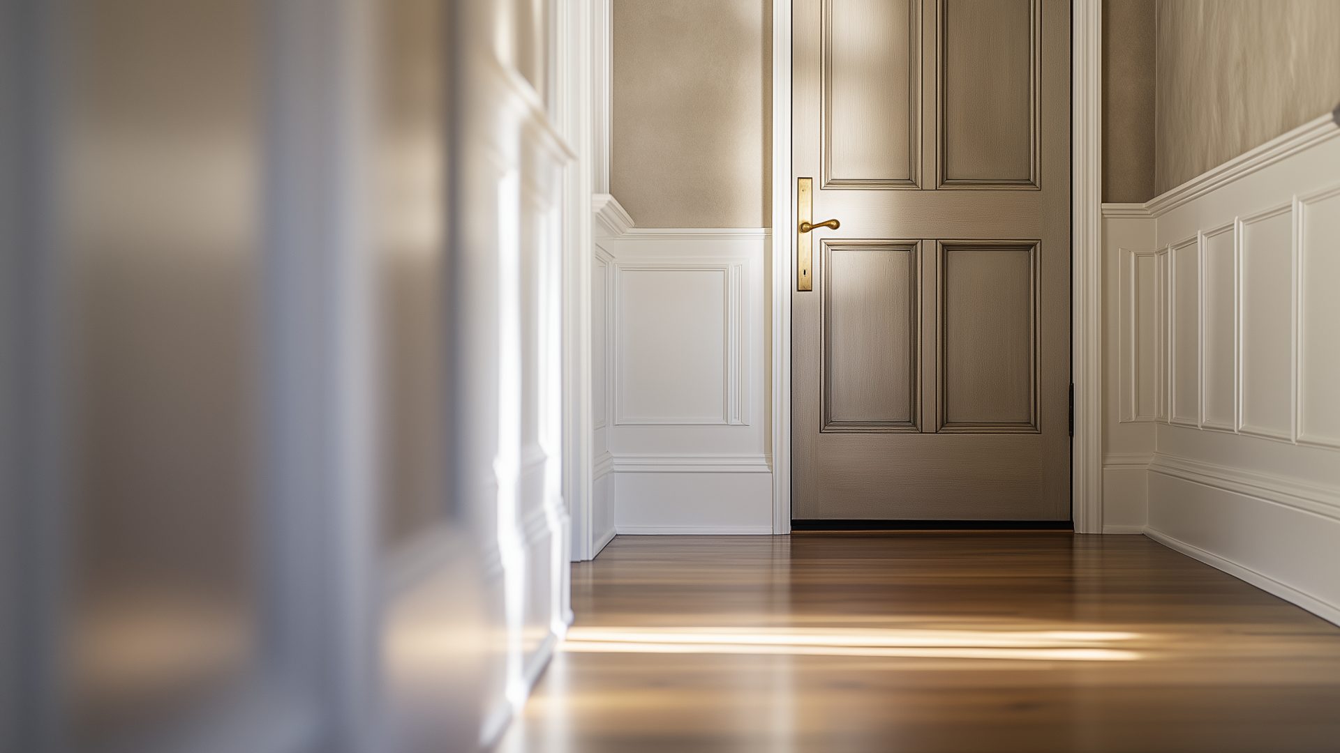 Quiet hallway interior with morning light catching a polished door handle