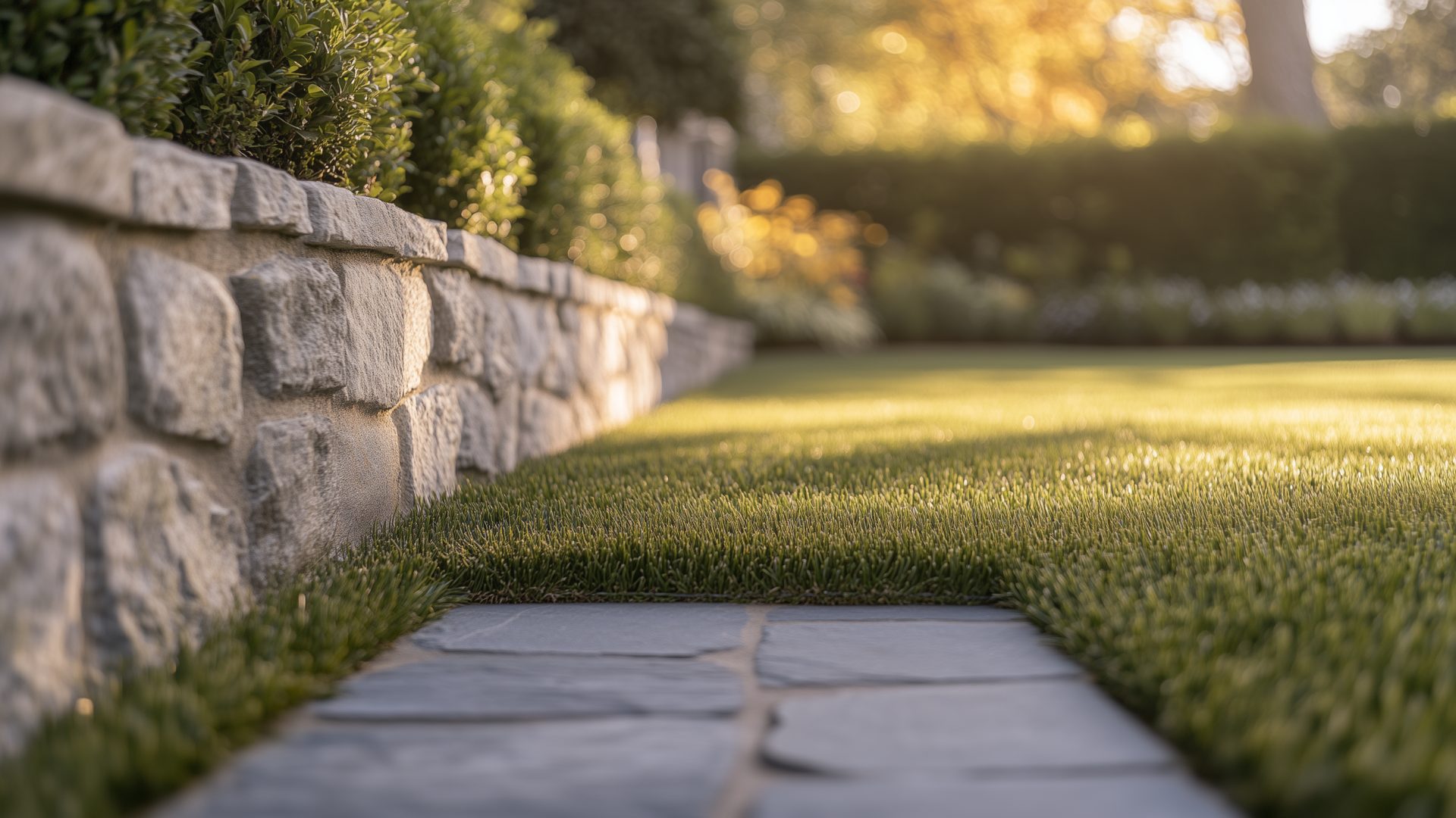 Morning light across a New England landscape with manicured plantings and stone path