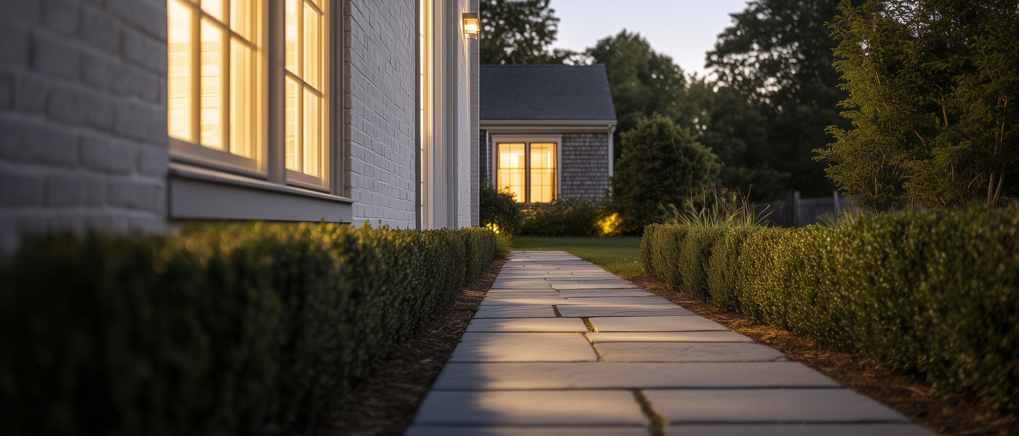 Wide atmospheric landscape at golden hour with a property glimpsed through hedges