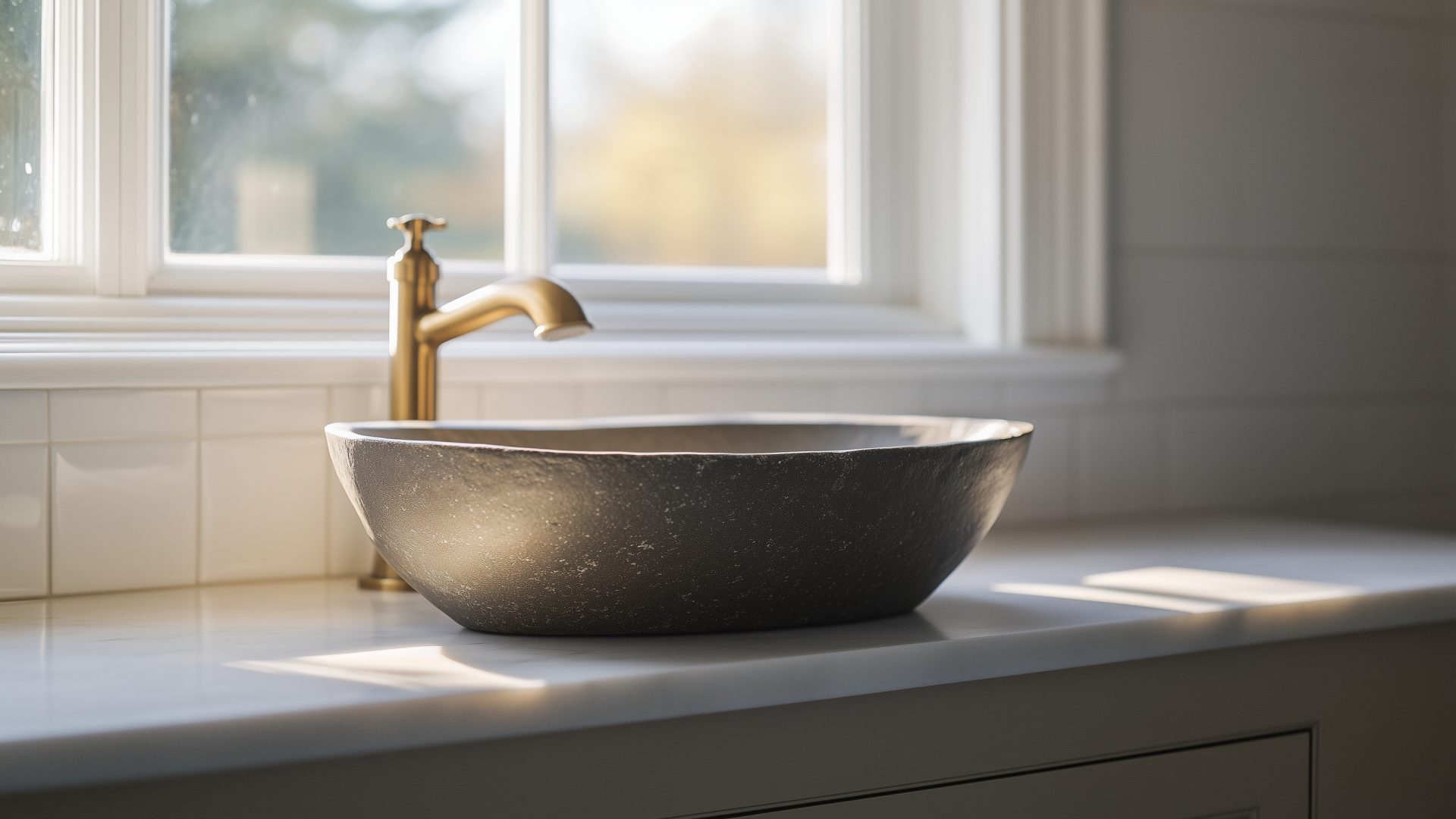 Morning light through a bathroom window onto stone surfaces