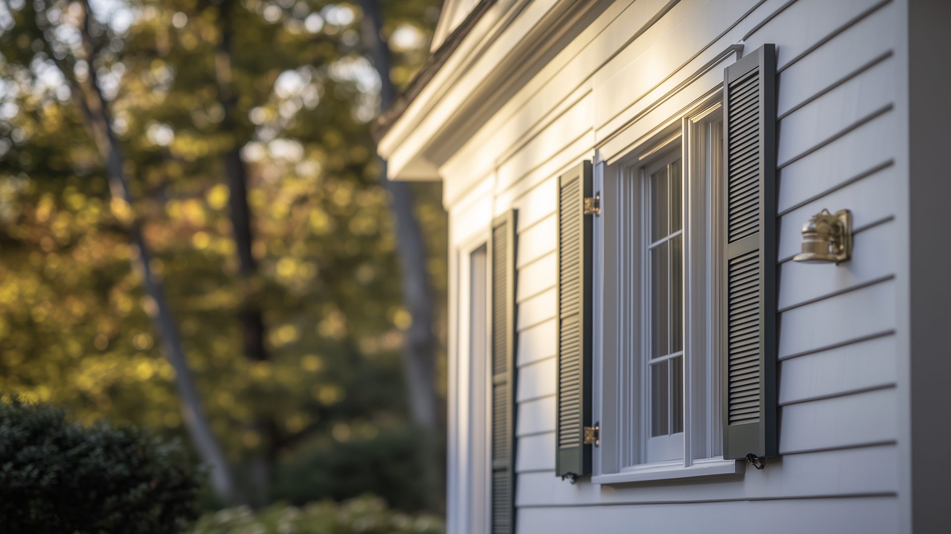 Freshly painted New England clapboard facade in soft side light