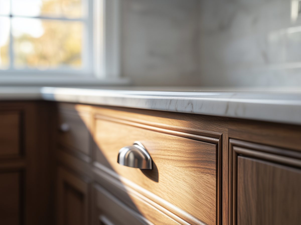 Close textural detail of finish joinery where stone meets tile