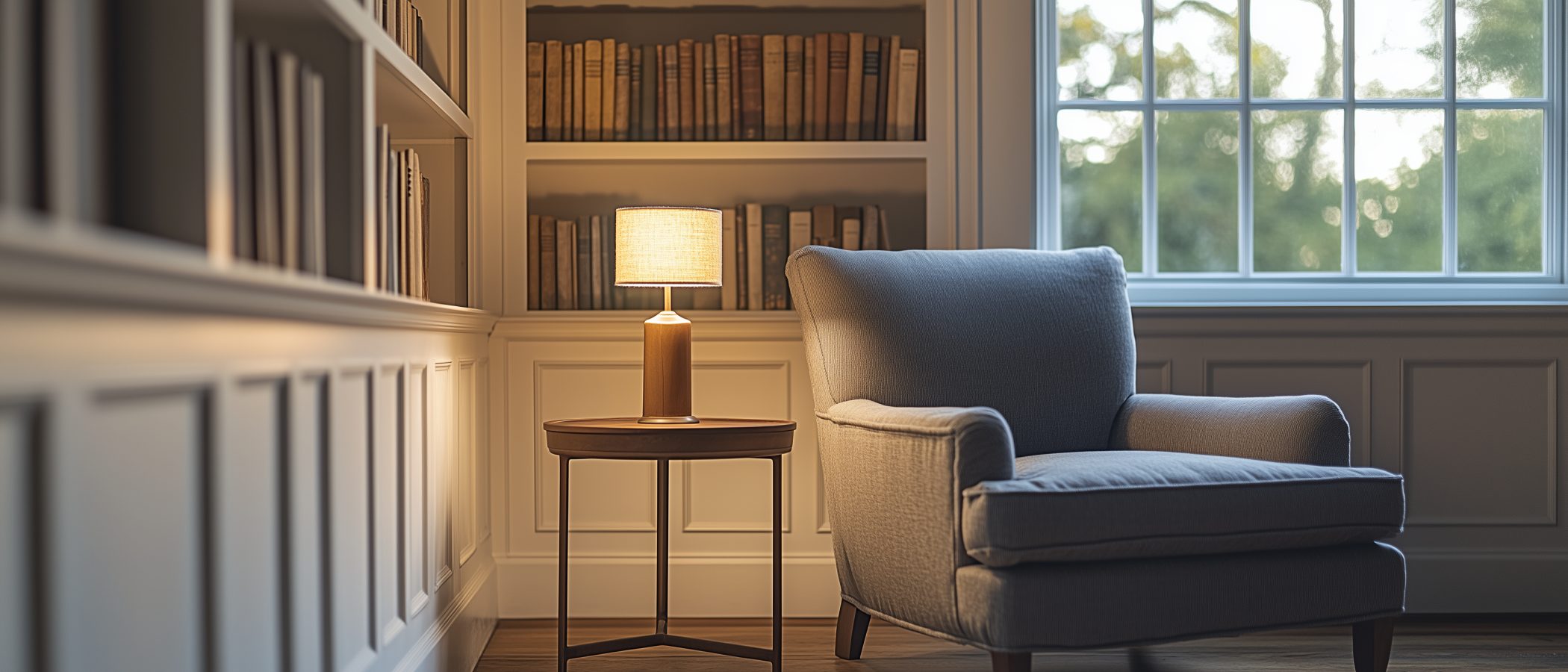 Wide architectural interior at twilight with soft lamp light in a finished room