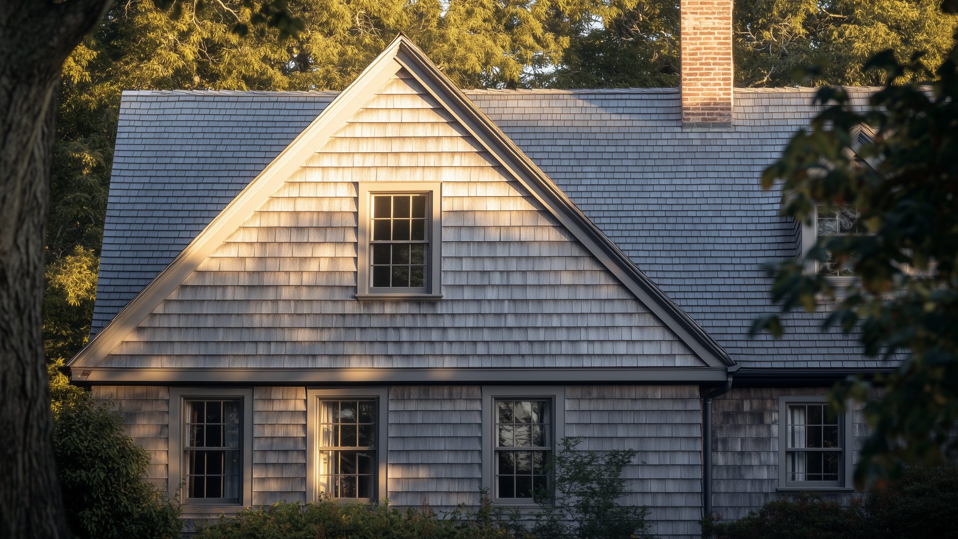 Wide architectural exterior showing a New England roofline and cedar shingle facade