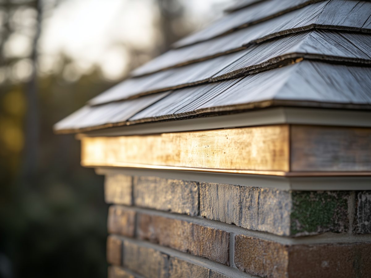 Close textural detail of weathered cedar shingles and copper flashing