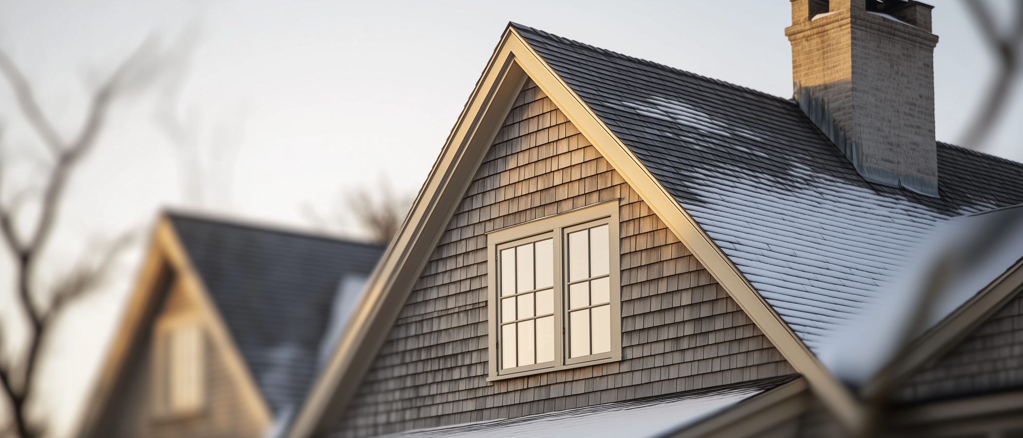 Wide architectural shot of a New England home under winter sky with crisp roofline