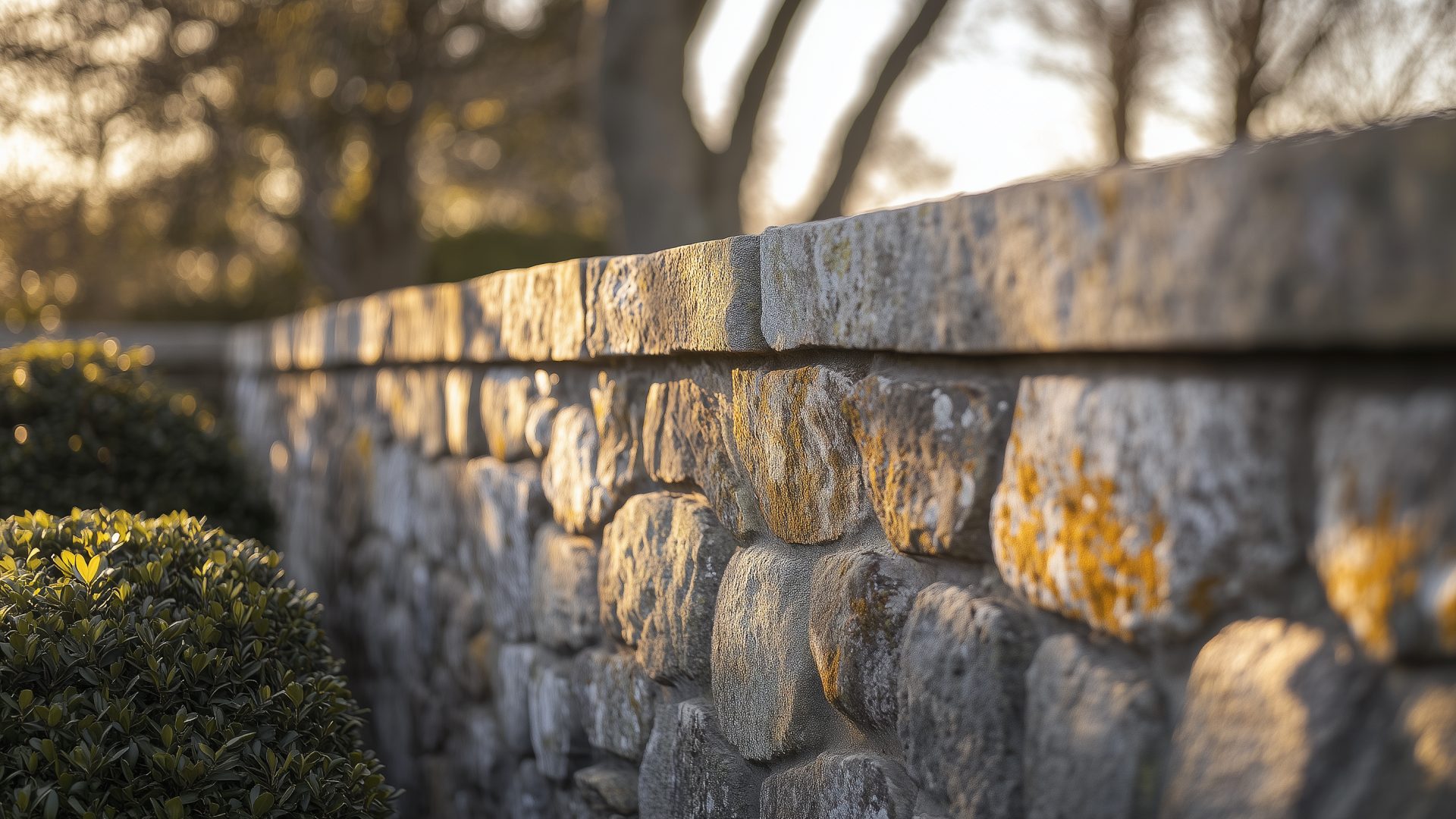 New England fieldstone wall in late afternoon light with mature plantings