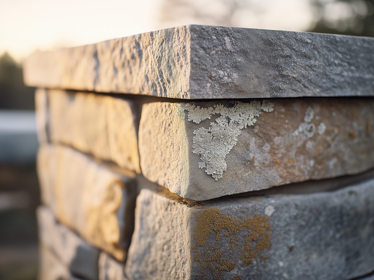Close textural detail of stone joints in a fieldstone wall with moss