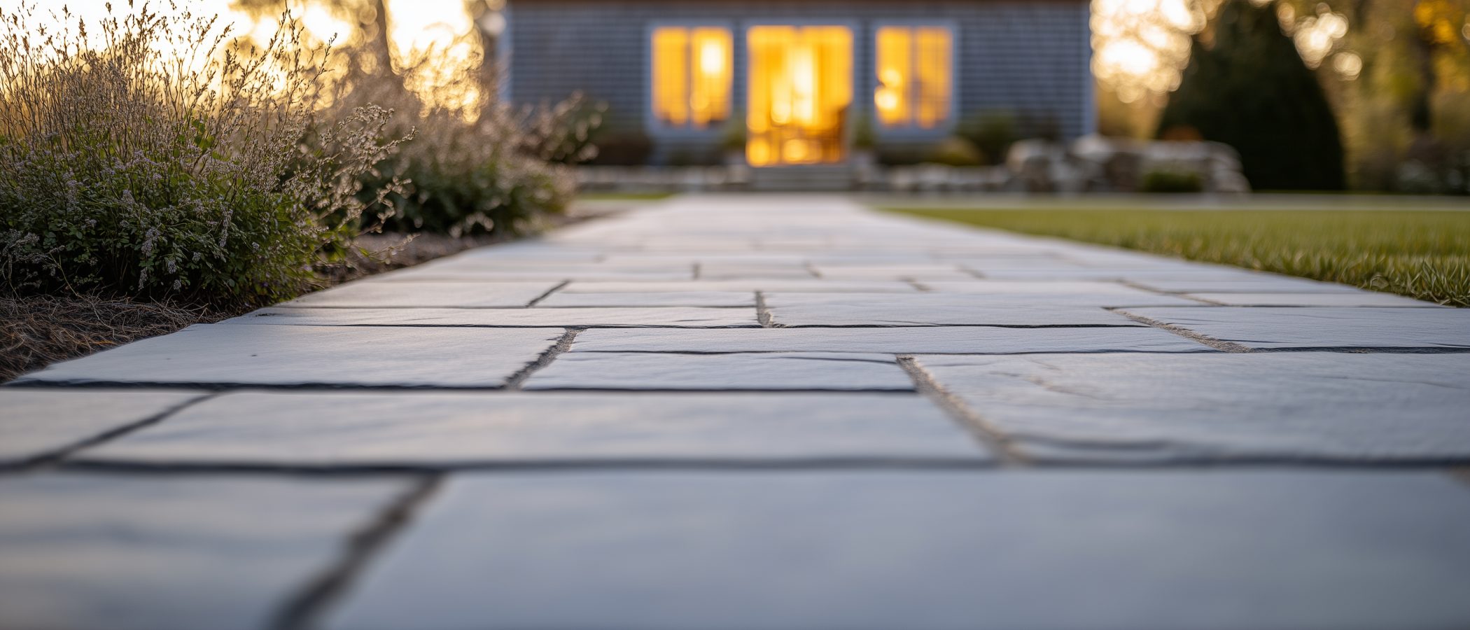 Wide shot of hardscape settled into landscape with stone wall along a tree line
